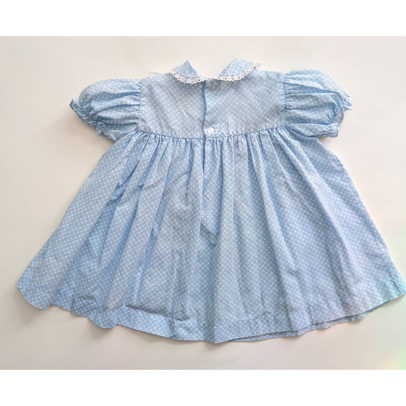 Vintage Girl's Pinafore Apron Dress, Light Blue Lace Rabbit Detail, Sz 18 Months - Picture 7 of 10